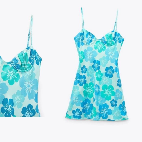 ZARA PRINTED SATIN DRESS FADED BLUE SIZE M | 4661/346/428 - Picture 2 of 12